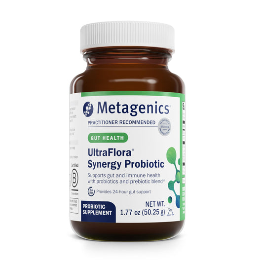Ultraflora Synergy probiotic and prebiotic powder with L. acidophilus NCFM and B. lactis Bi-07 in a scoop