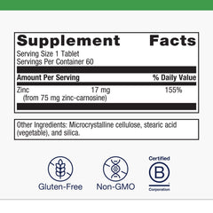 Metagenics Zinlori 75 bottle label highlights vegan gluten-free formulation