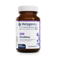 Front view of Metagenics MetaSleep dual-phase melatonin supplement bottle with 60 capsules
