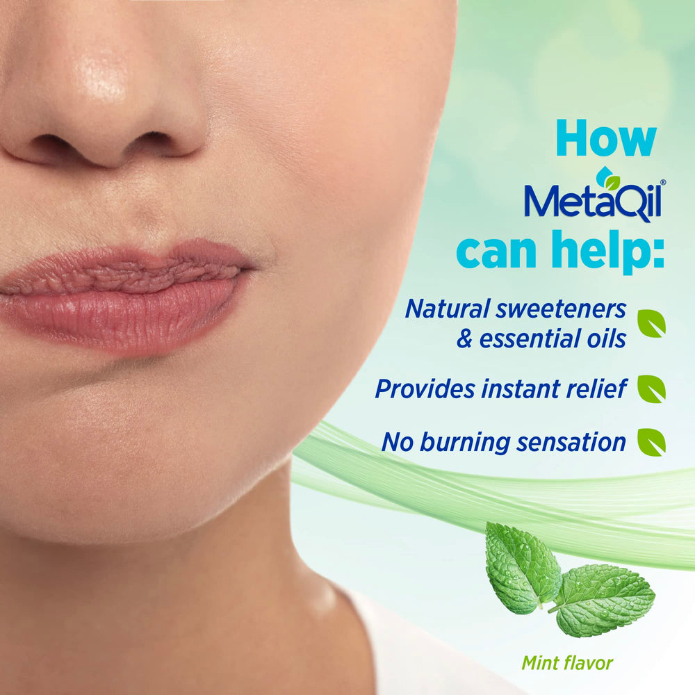 Close-up of cooling relief from MetaQil mouthwash