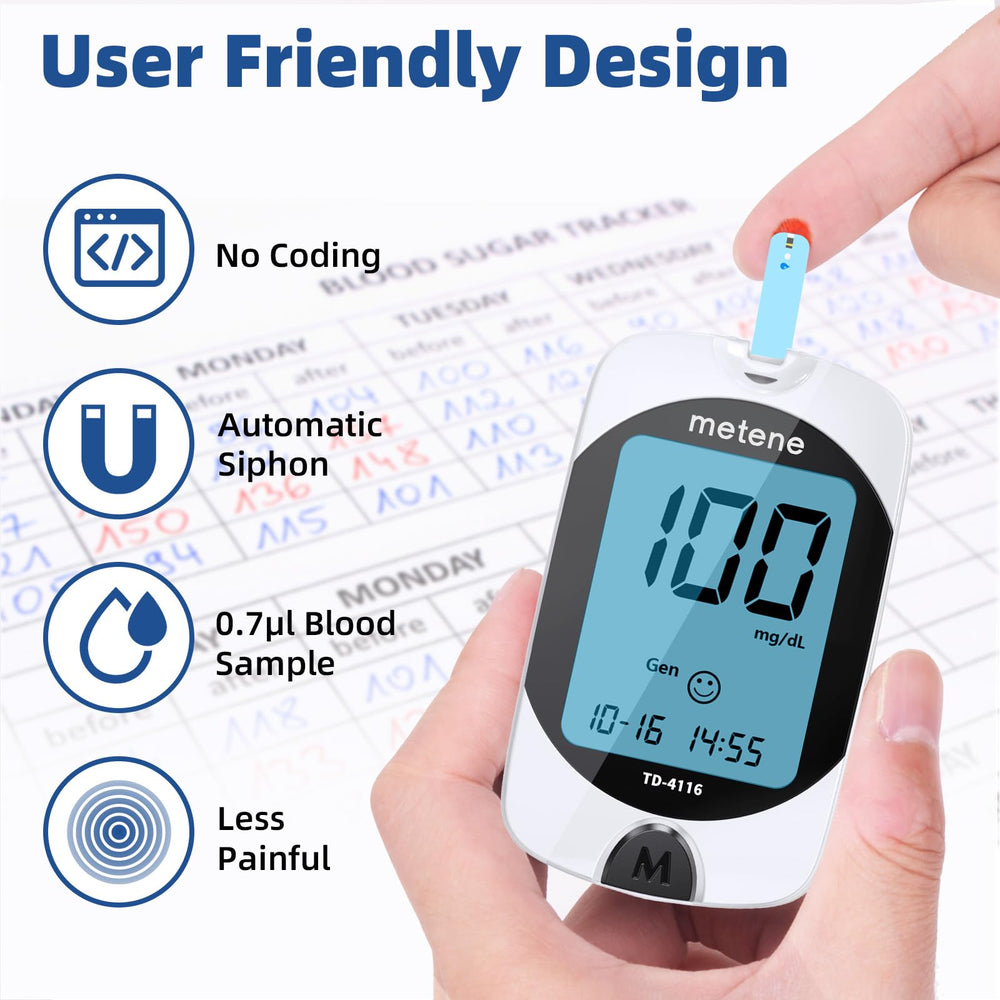 Metene TD-4116 test strips 0.7 µl blood sample for smaller blood draw.