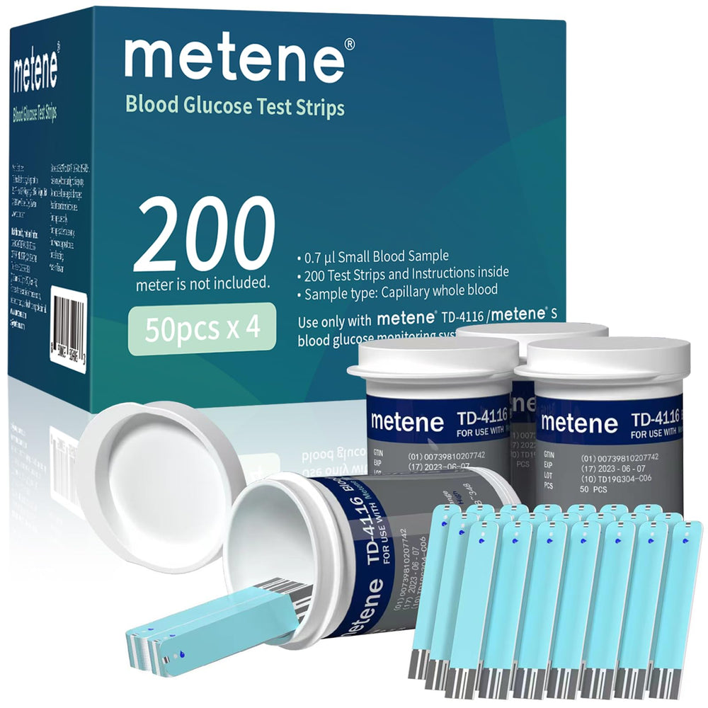 Metene TD-4116 test strips vial close-up for reliable testing and easy handling.