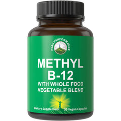 Bottle of Methyl B12 supplement with whole-food blend of 25 vegetables and fruits