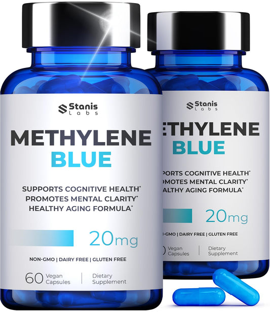 Front view of Ultimate Methylene Blue 20mg bottle