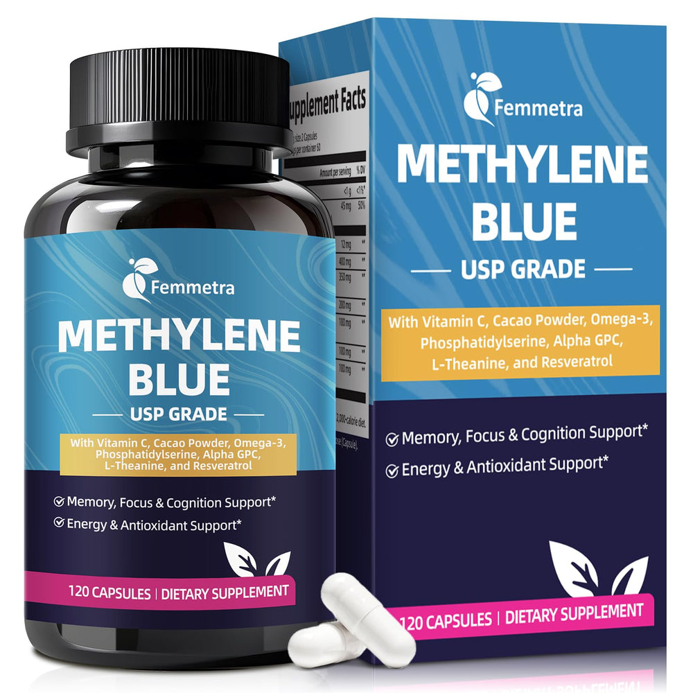 Bottle of USP Pharmaceutical Grade Methylene Blue Capsules with Resveratrol