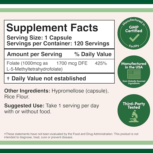 Label showing ingredients and supplement facts for Double Wood Methylfolate 1,000mcg