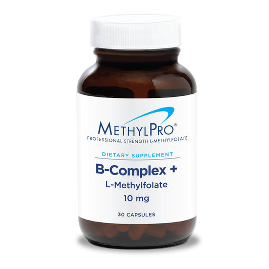 Bottle of MethylPro B-Complex + L-Methylfolate 10 mg vegan capsules