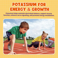 Infographic showing key nutrients included in gummies: magnesium glycinate, potassium, calcium, zinc, D3, B6