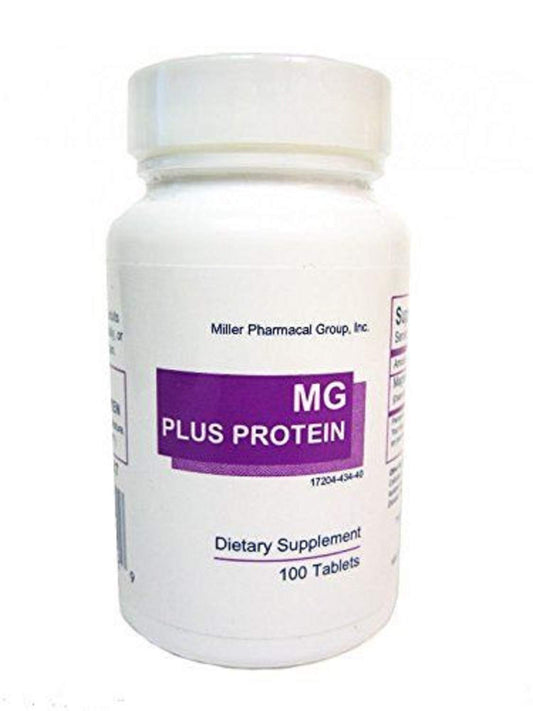 Mg Plus Protein Miller bottle front view with 100 tablets of 133 mg magnesium (protein chelate).