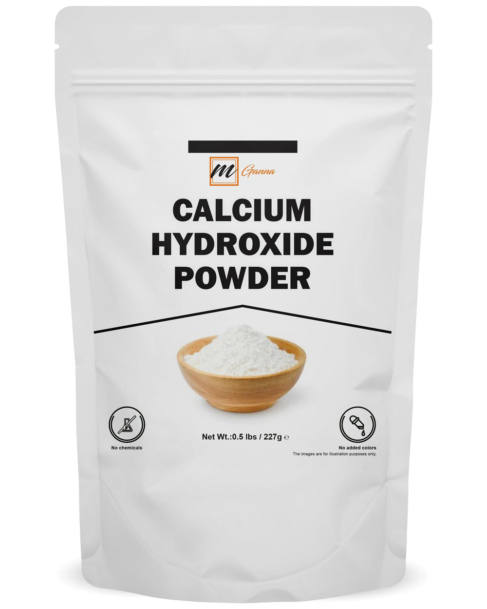 Front view of mGanna Calcium Hydroxide powder resealable pouch - 227 g