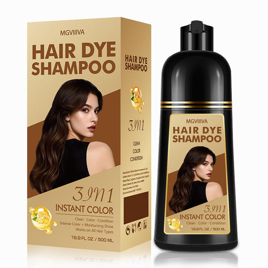 Mgviiiva Hair Dye Shampoo bottle shows dark brown color for lasting coverage.