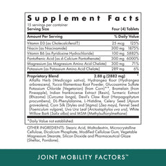 Close-up of joint mobility factors ingredients including glucosamine and vitamins