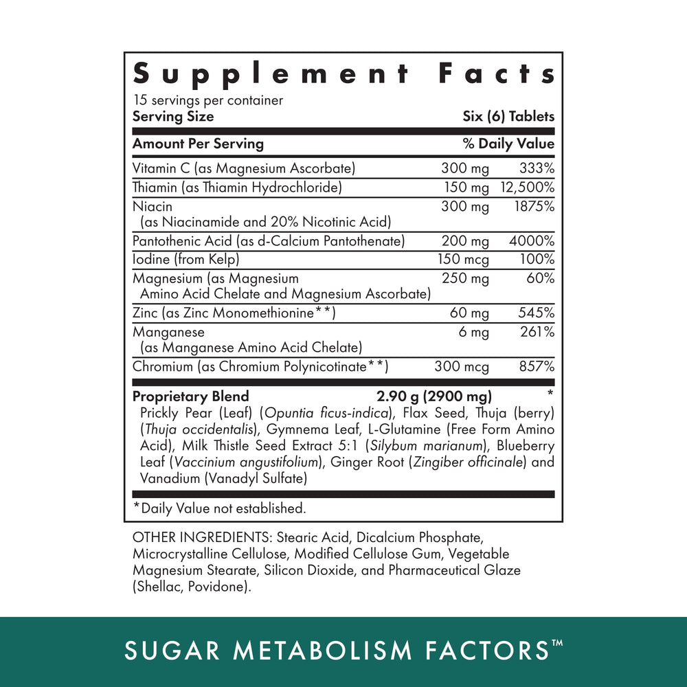 Close-up of Michael's Naturopathic Sugar Metabolism Factors 90 tab bottle label