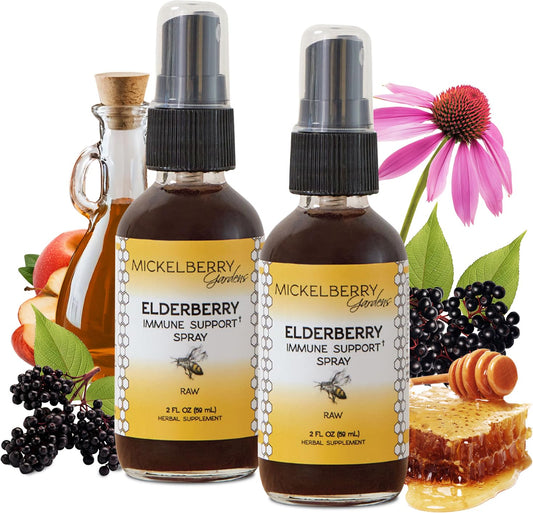 Mickelberry Gardens elderberry honey propolis throat spray bottle front – 2 oz, pack of 2