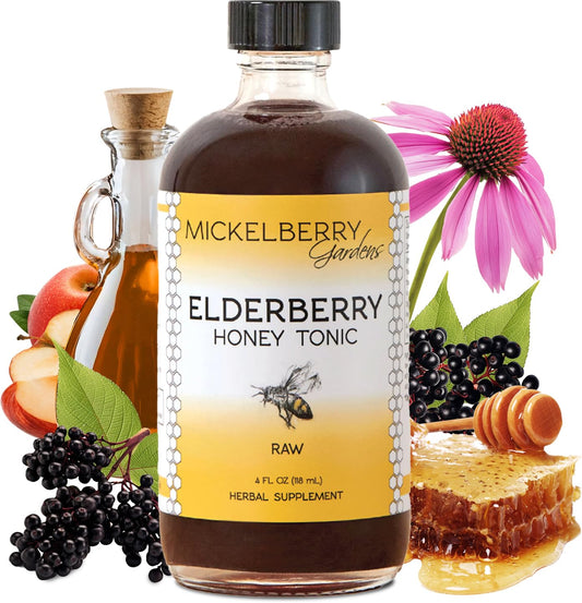 4 oz bottle of Mickelberry Gardens Elderberry Syrup with label
