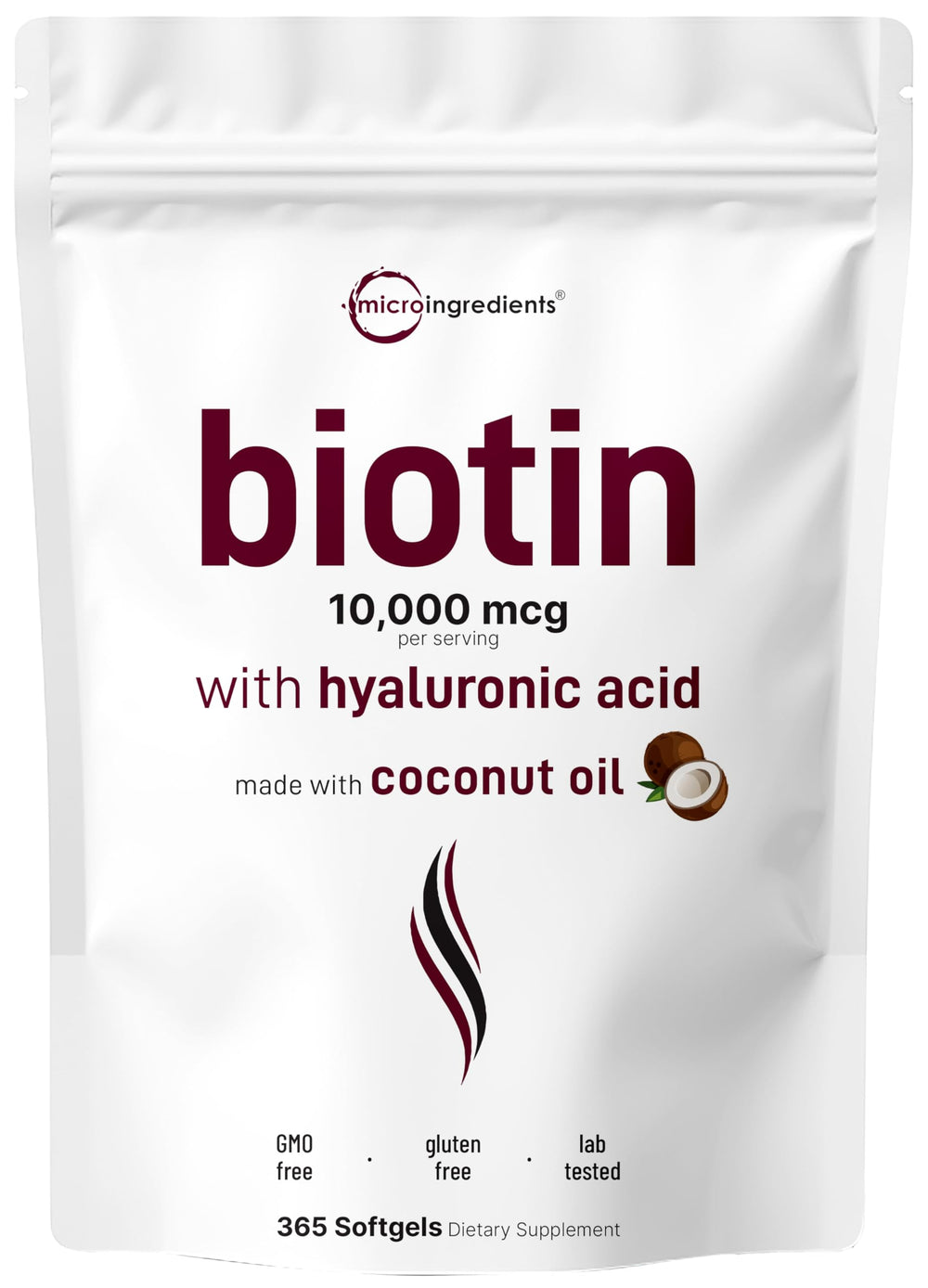 Biotin 10000mcg with hyaluronic acid 25mg softgels in virgin coconut oil base, 365-count hero image