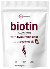 Biotin 10000mcg with hyaluronic acid 25mg softgels in virgin coconut oil base, 365-count hero image