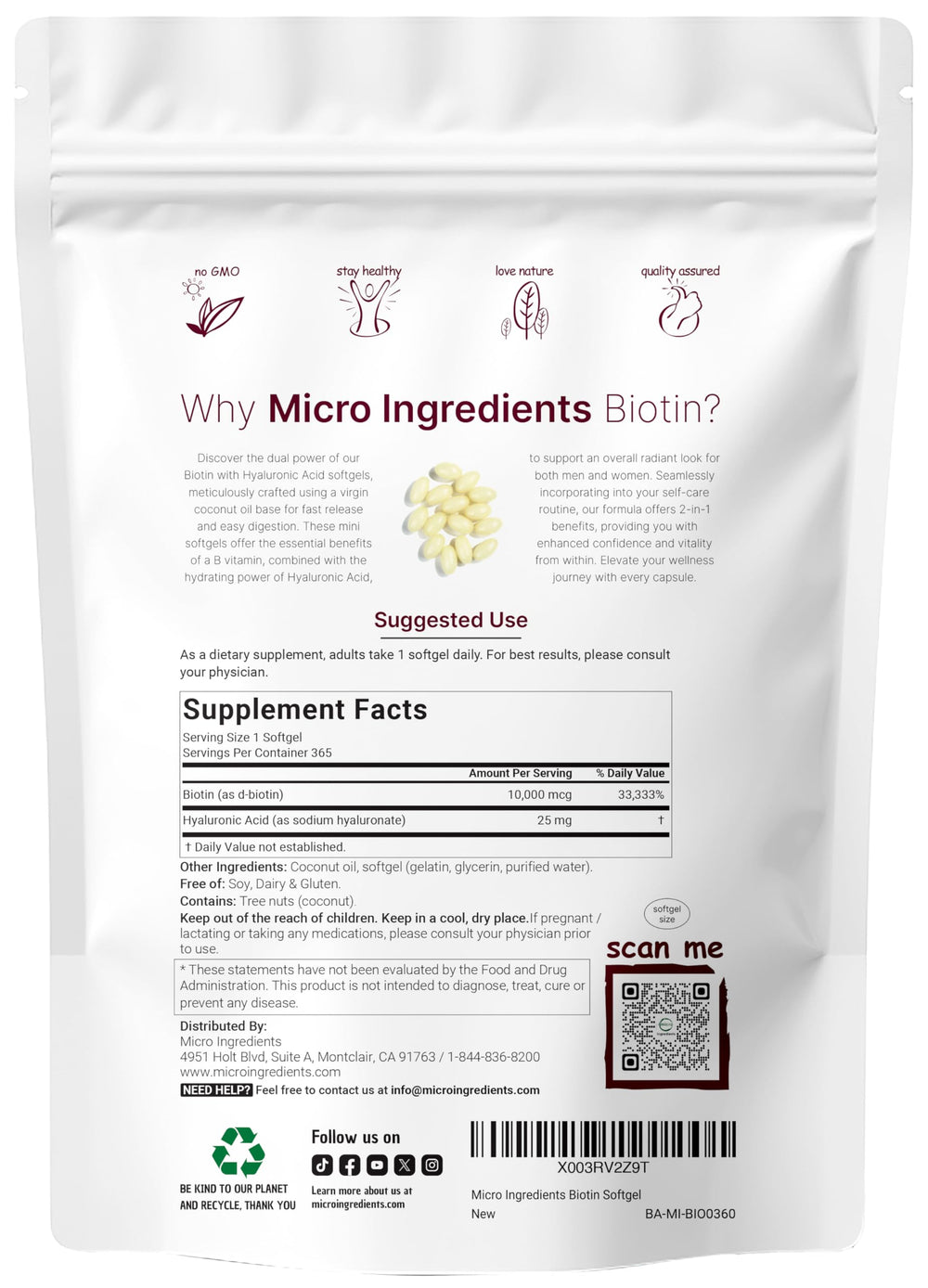 Supplement facts and ingredients label for biotin and hyaluronic acid softgels