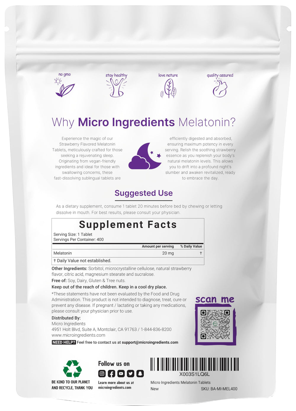 Packaging shot showing a 400-tablet pouch of Micro Ingredients melatonin