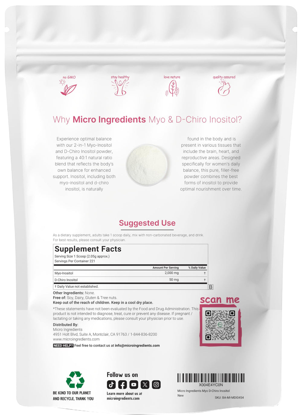 Close-up of a scoop with Myo-Inositol & D-Chiro Inositol powder