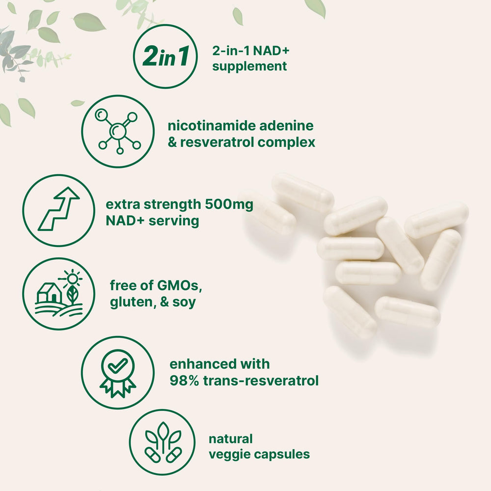 Supplement facts panel showing NAD+ and Resveratrol ingredients