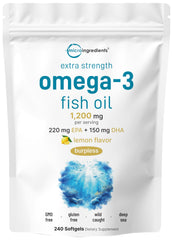 Front view of Micro Ingredients Omega-3 1200mg lemon-flavored softgels bottle