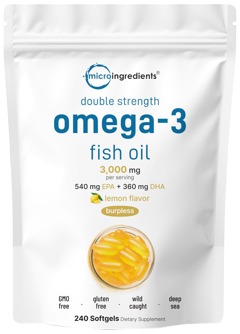 Micro Ingredients Omega-3 Fish Oil bottle with lemon flavor
