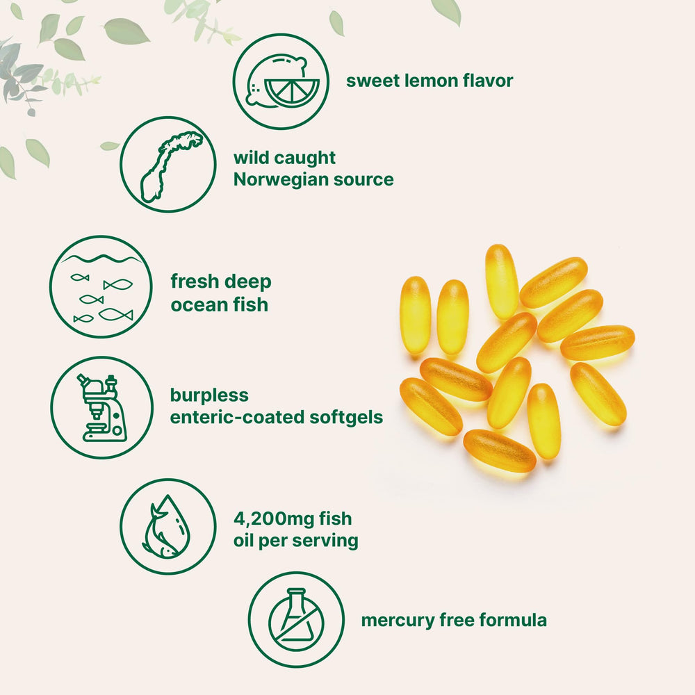 Close-up of lemon-flavored burpless omega-3 fish oil softgels
