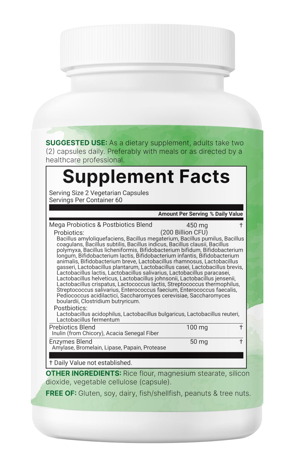 Non-GMO, soy-free, dairy-free allergen-free probiotic supplement icons