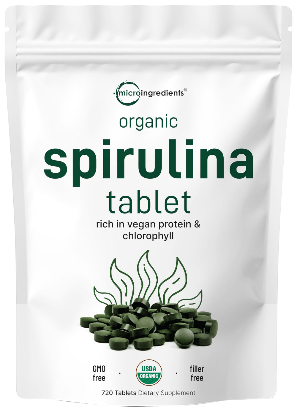 Front view of the Micro Ingredients Organic Spirulina supplement bottle with 720 tablets