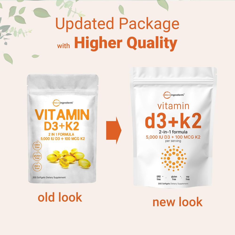 Supplement facts label showing 5000 IU D3 and 100 mcg K2 per serving
