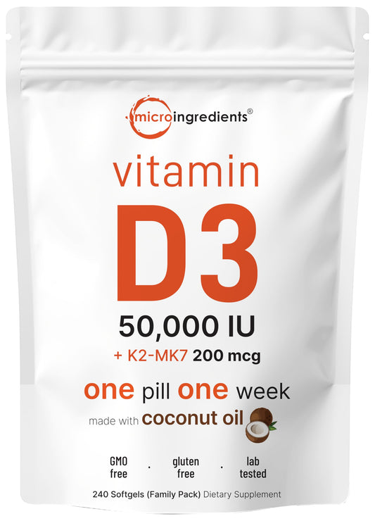 Bottle of Micro Ingredients Vitamin D3 and K2 softgels with coconut oil