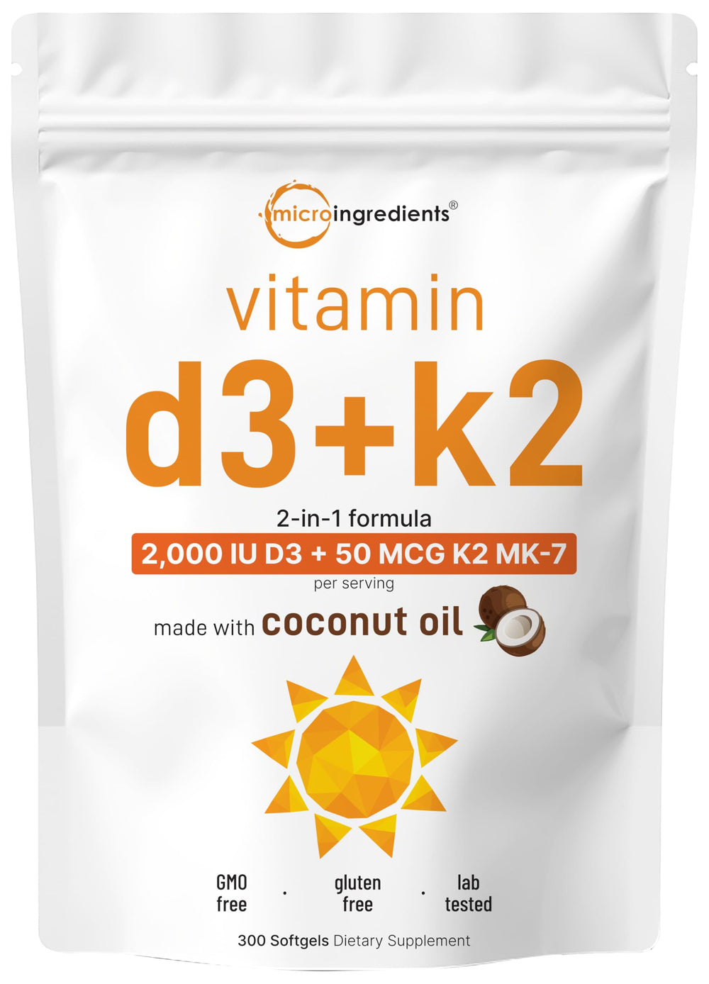 Front view of Micro Ingredients Vitamin D3 2,000 IU + K2 MK-7 softgels bottle