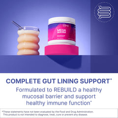 MegaMucosa scoop with powder beside tub for daily gut support