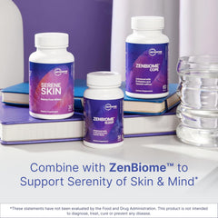Microbiome Labs SereneSkin glass bottle on a nightstand with morning routine imagery.
