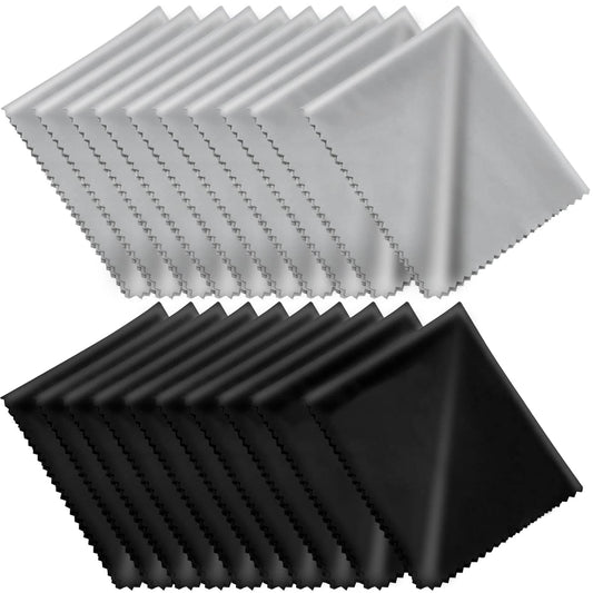 20-pack microfiber cleaning cloths in black and gray, each in an individual vinyl pouch