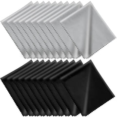 20-pack microfiber cleaning cloths in black and gray, each in an individual vinyl pouch
