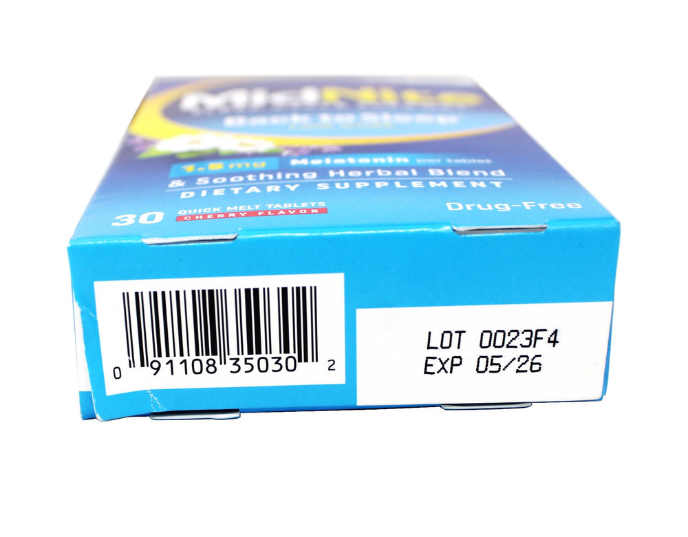 MidNite Sleep Aid cherry-flavored tablet pack for a tasty bedtime routine