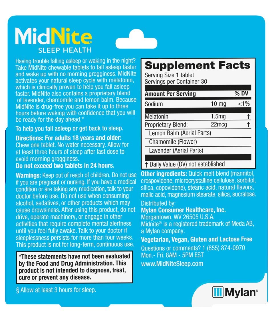 MidNite sleep aid packaging with ingredients label