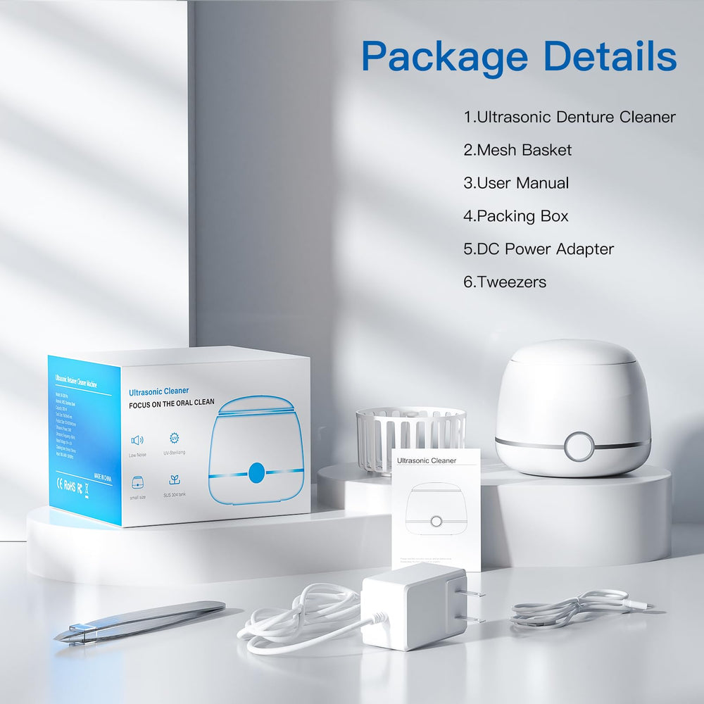 White Midomi cleaner design for denture, retainer, and mouthguard cleaning
