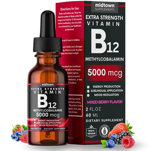 Front view of Midtown Supplements B12 5000 mcg Sublingual Drops bottle