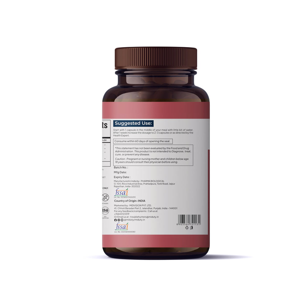 Close-up of Miduty bottle label featuring Betaine HCl + Pepsin and enzymes