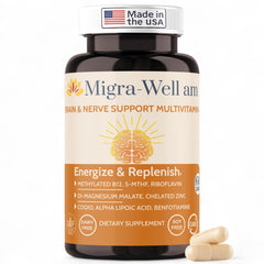 Front view of Wellkasa Migra-Well AM bottle