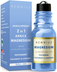 Migraine roll-on bottle featuring magnesium arnica and essential oils