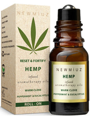 Front view of migraine relief roll-on bottle with hemp seed oil and peppermint