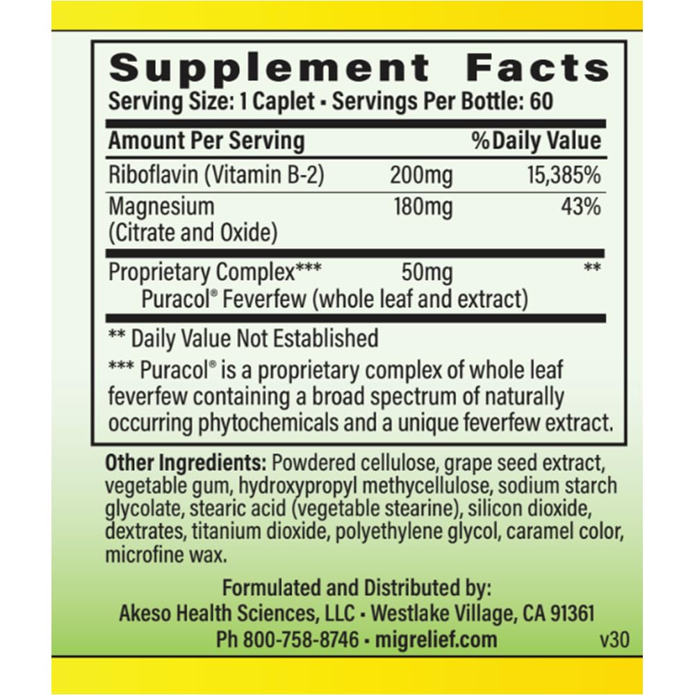 Puracol feverfew ingredient highlight from MigreLief packaging.