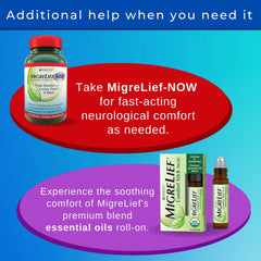 Vegetarian-friendly MigreLief label highlights plant-based capsule suitability.