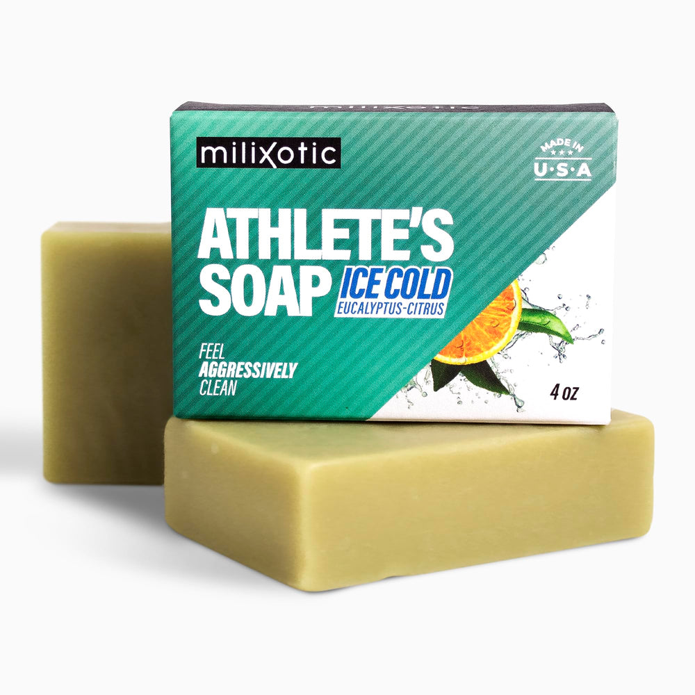 MILIXOTIC Athlete’s Soap front view shows Arctic cooling cleanse after workouts