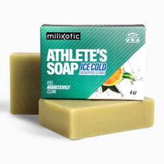 MILIXOTIC Athlete’s Soap front view shows Arctic cooling cleanse after workouts