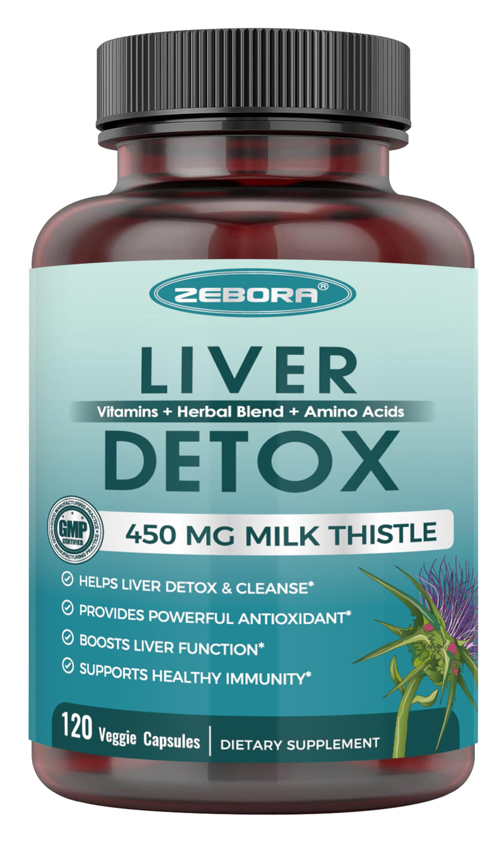 Milk thistle bottle label showing 450 mg extract and 80% silymarin